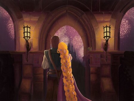 A painting of Rapunzel and Prince Charming watching fireworks from a castle