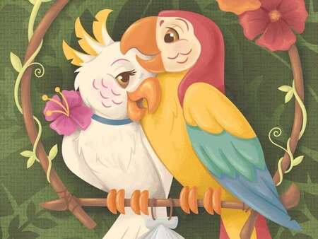 Artwork by Maria Stuckey depicting Rosita and Lago from the Enchanted Tiki Room perched together