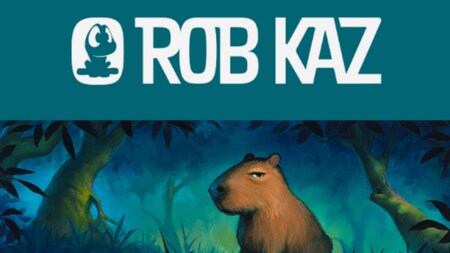 Text that reads, Rob Kaz, with a painting of a capybara on top of an alligator