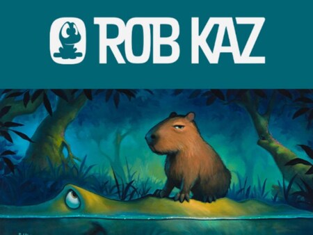 Text that reads, Rob Kaz, with a painting of a capybara on top of an alligator