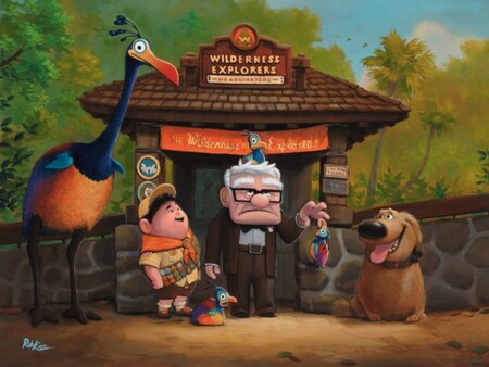 An illustration by Rob Kaz depicting the characters from the Pixar movie Up standing in front of Wilderness Explorers at Disney’s Animal Kingdom