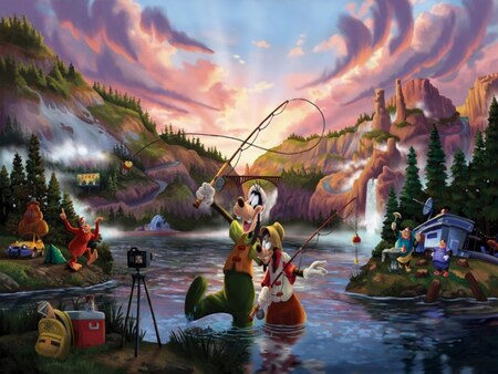 A painting of Goofy and Max fishing in a lake surrounded by mountains and other Disney characters