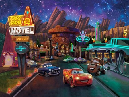 An illustration by Zac Kinkade depicting the characters from the Disney and Pixar movie Cars parked on a road in front of Cozy Cone Motel