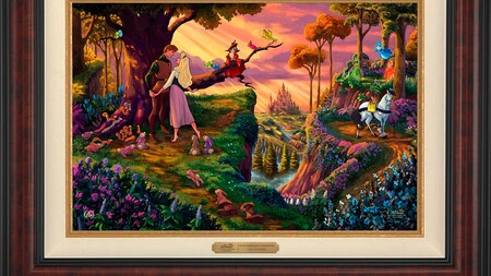 A painting of Princess Aurora and Phillip standing in the middle of a forest with birds and a horse nearby