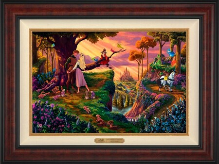 A painting of Princess Aurora and Phillip standing in the middle of a forest with birds and a horse nearby