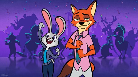 Judy Hopps with her fist in the air next to Nick Wilde posing with figures of animals in the background