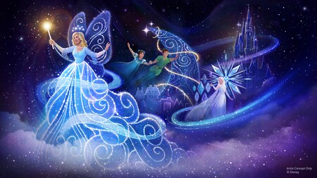 Una representación artística de una escena de fantasía nocturna con Blue Fairy, Elsa, y Peter Pan y Wendy volando, con Cinderella Castle de fondo.