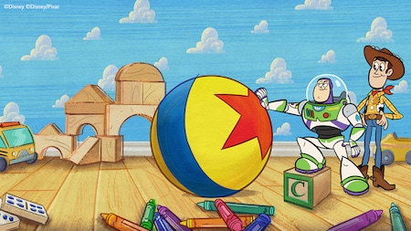 Woody standing beside Buzz Lightyear, his hand on the Pixar ball, surrounded by blocks and toys