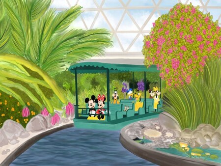 An illustration of Mickey, Minnie, Goofy, Donald, Pluto and Chip ‘n’ Dale riding in a canopied boat on Living with the Land at Epcot