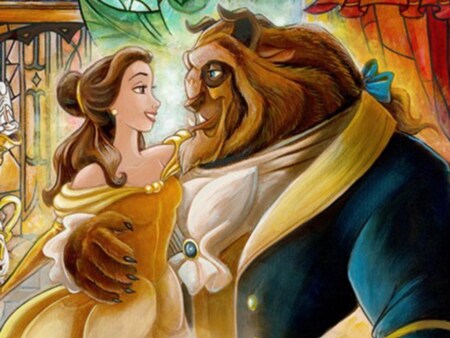 An illustration of Belle and the Beast dancing together in an elegant castle ballroom with Mrs Potts, Chip and Lumiere watching nearby