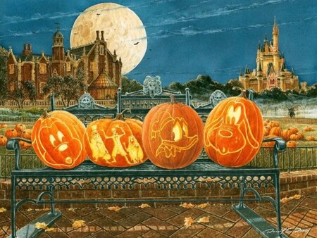 A watercolor illustration of 4 jack o' lanterns carved with Mickey, Haunted Mansion ghosts, Daisy Duck and Pluto designs, sitting on a bench