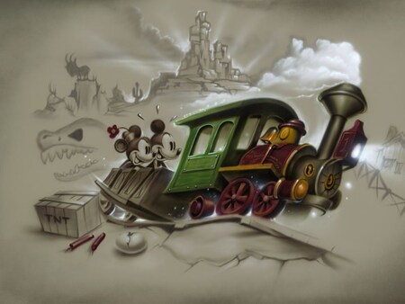An illustration of Mickey Mouse and Minnie Mouse riding a train with a mountain in the distance