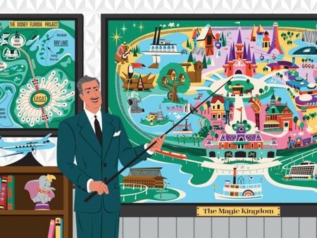 An illustration of Walt Disney using a pointer stick to present a map of Magic Kingdom park