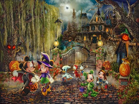 Mickey Mouse, Minnie Mouse and friends dressed in Halloween costumes near a haunted house