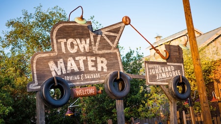 A sign for Mater’s Junkyard Jamboree at Cars Land