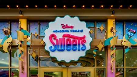 Exterior of Disney Wonderful World of Sweets shop featuring a sign at the Downtown Disney District