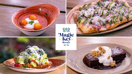 Four images from the Magic Key Terrace featuring tomato soup, a flatbread pizza, a fried chicken cutlet topped with salad and a brownie topped with ice cream  