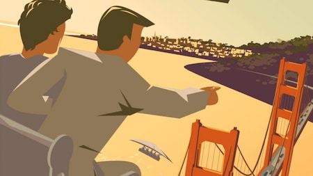 An illustration of 2 people sitting high above the city while one points to the Golden Gate Bridge