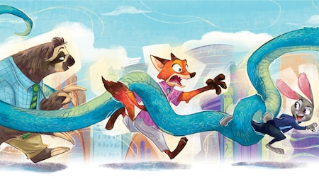 A painting based on Disney’s Zootopia features Judy Hopps, Nick Wilde and Flash all frantically on the run