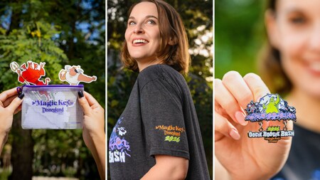 Three panel image showing Magic Key Oogie Boogie Bash merchandise including a pouch with stickers, T shirt and collectible pin   