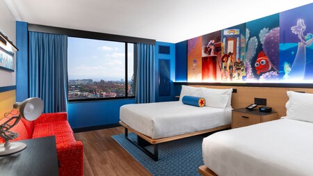 A Disney and Pixar themed hotel room at Pixar Place Hotel
