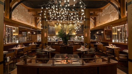 A chandelier hangs over the Main Dining Room at Napa Rose