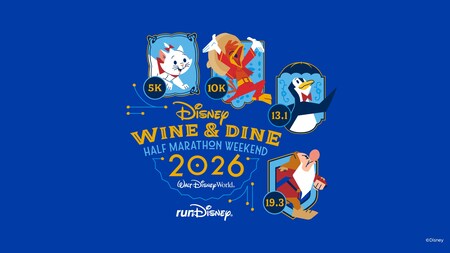 A rectangular banner with a collage of Disney character illustrations and the words ‘Disney Wine & Dine Half Marathon Weekend, 2026, Walt Disney World, run Disney’