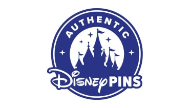 A logo reading ‘Authentic Disney Pins’ with an outline of Cinderella Castle in the center  
