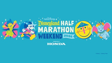 The logo for runDisney placed above the words ‘Disneyland Half Marathon Weekend 2026 presented by Honda’ with Disney characters