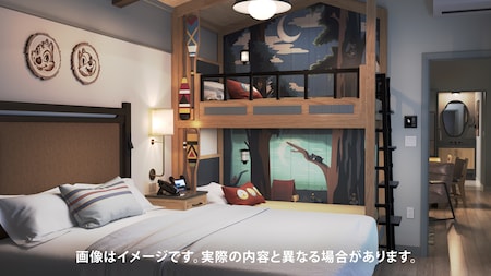 アーティストによる完成予想図 - クイーンサイズのベッド 1 台とツインサイズの 2 段ベッドが配置されたキャビンのベッドルーム
