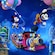 Mickey e Minnie usam balões para flutuar em um trem que está sendo conduzido pelo Pateta