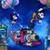 Mickey y Minnie usando globos para flotar junto a un tren conducido por Goofy
