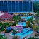 A view of hotel pools at dusk