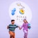 At Pixar Place Hotel, 2 kids skip together while one child holds a balloon and the other child holds a plush