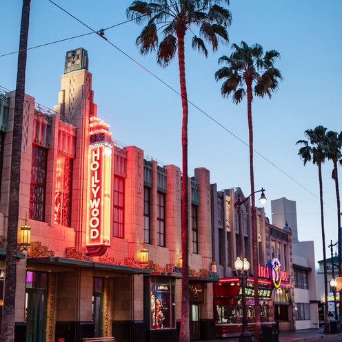 At Hollywood Land, Buena Vista Street lit up at night. 