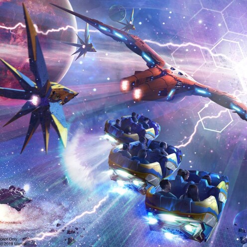 Ilustración de Visitantes en la atracción Guardians of the Galaxy Cosmic Rewind viajando por el espacio junto a Star Blasters y una nave espacial clase M 