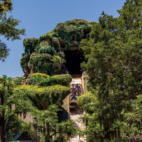 A group of people amid the waterfall drop on Tiana’s Bayou Adventure  