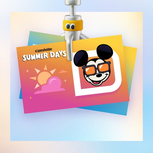A MagicMobile Pass with The V I Passholder Summer Days logo featuring Mickey Mouse wearing sunglasses and another with Woody and Buzz Lightyear