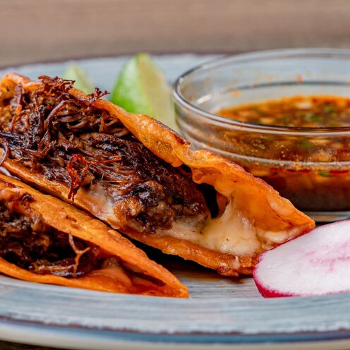 Two Quesa Birria Tacos on a plate with sliced radishes and a bowl of salsa