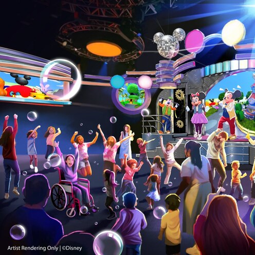 Una representación artística del espectáculo Mickey Mouse Clubhouse Live de Disney Junior con Personajes de Disney bailando en el escenario y Visitantes bailando frente al escenario