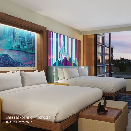 An artist rendering of a room with 2 beds, a long dresser, a large window and themed artwork on the walls