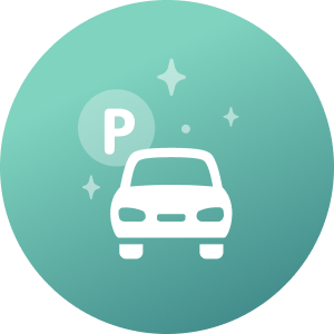 Un ícono con un automóvil y un letrero de estacionamiento, que representa el estacionamiento