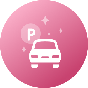 Un ícono con un automóvil y un letrero de estacionamiento, que representa el estacionamiento