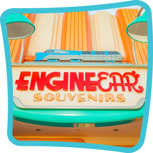 A sign reading EngineEar Souvenirs in Mickey's Toontown at Disneyland Park