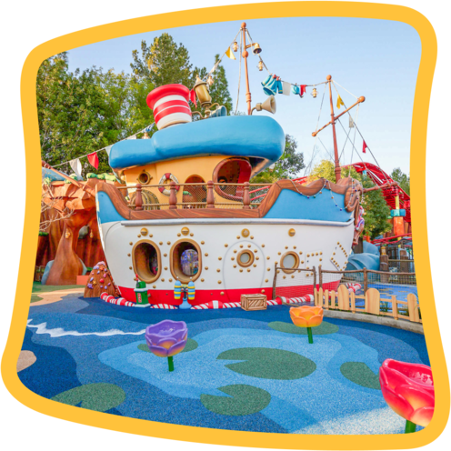 Donald Duck’s Pond featuring a splash area around Donald’s Boat in Mickey’s Toontown