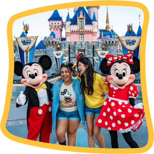 Mickey Mouse and Minnie Mouse with 2 Guests in front of Sleeping Beauty Castle at Disneyland Park