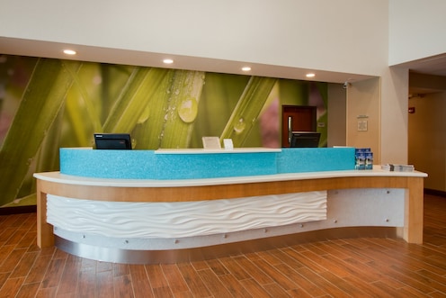 Curved hotel lobby desk with wood floors and wet blades of grass wallpaper