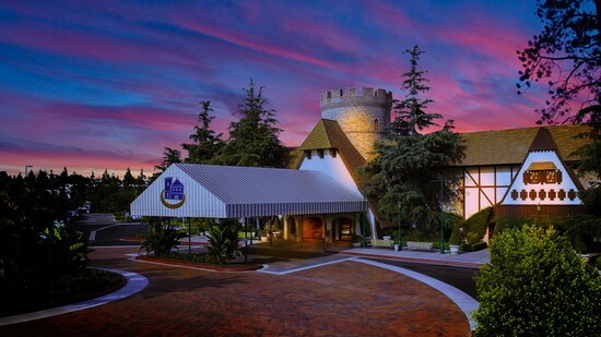 The stone driveway leading up to the entrance at the castle-like Anaheim Majestic Garden Hotel