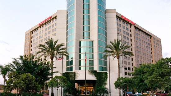 The exterior of the Anaheim Marriott Suites with 2 palm trees and the American flag in front of the main entrance