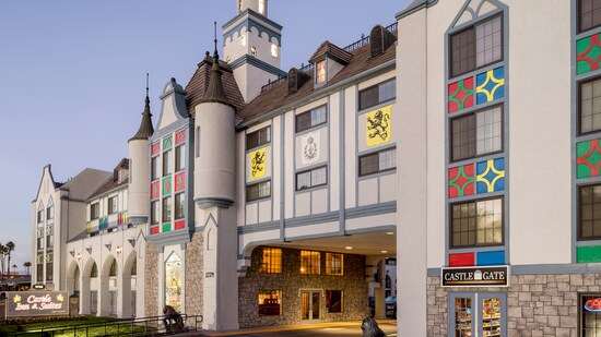 The exterior of Castle Inn & Suites featuring a castle themed façade